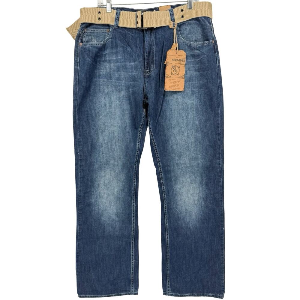 BRAND NEW NWT Men's Flypaper Medium Wash Blue Denim Bootcut Jeans W/ Belt 38x34